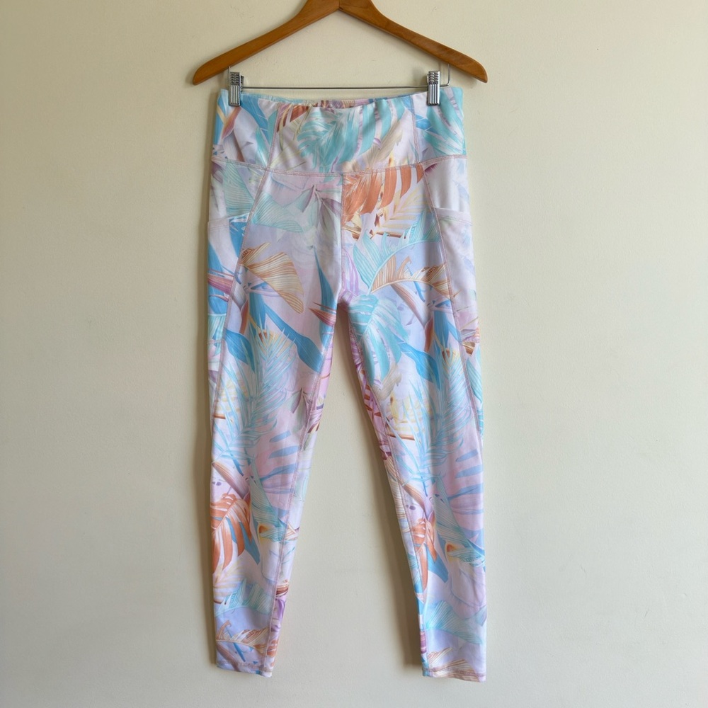Nine West Active || Woman’s Elastic Leggings Side Pockets Pastels Floral Sz L